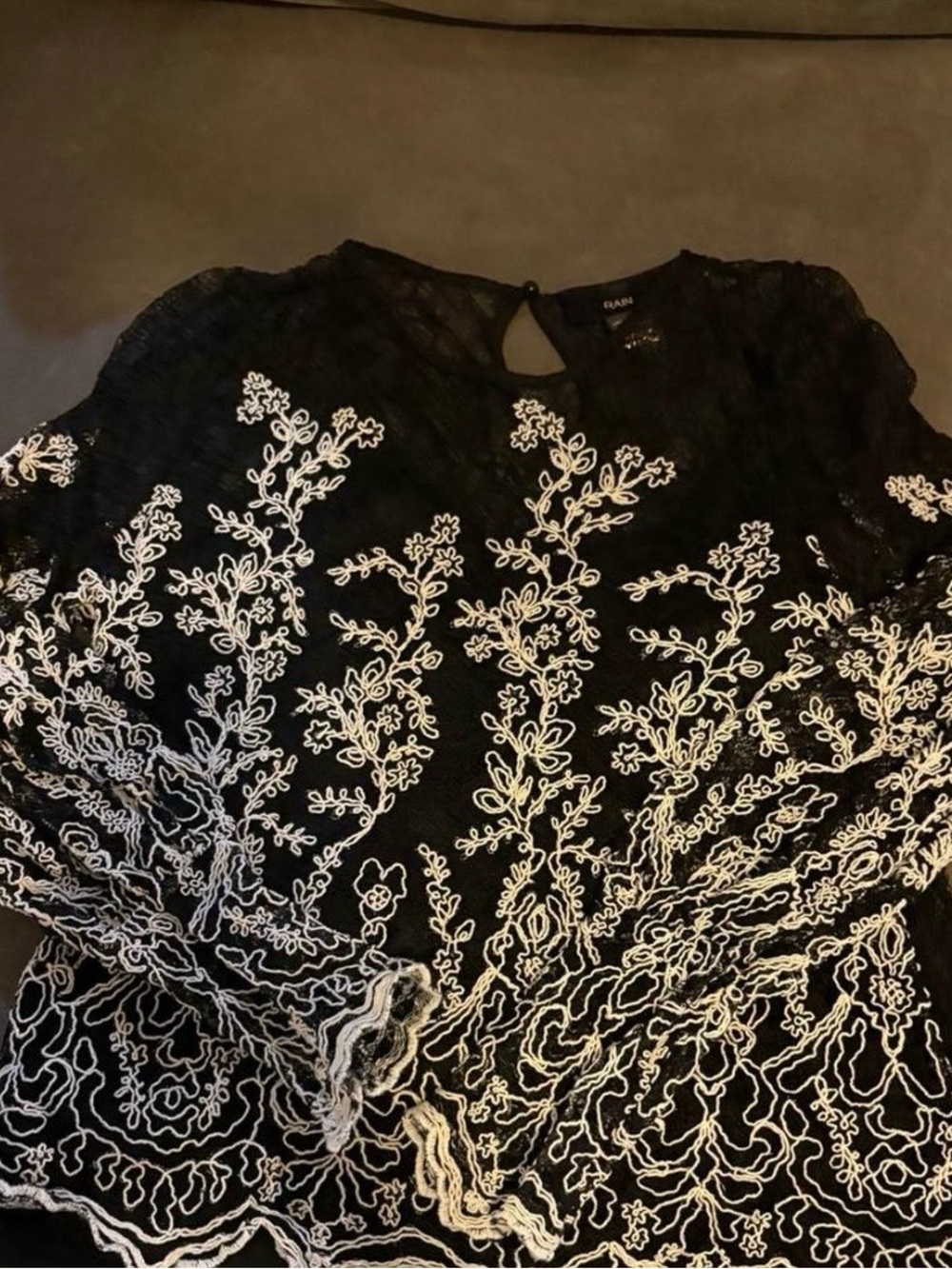 Rain Black Long-Sleeve Lace Dress with White Floral Embroidery
